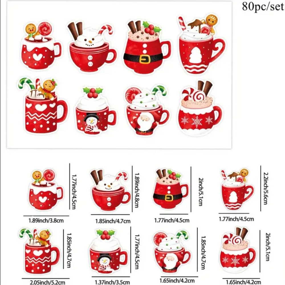 80 Red Holiday Mug Stickers Hot Cocoa Candy Cane Whipped Cream Cookies Chocolate